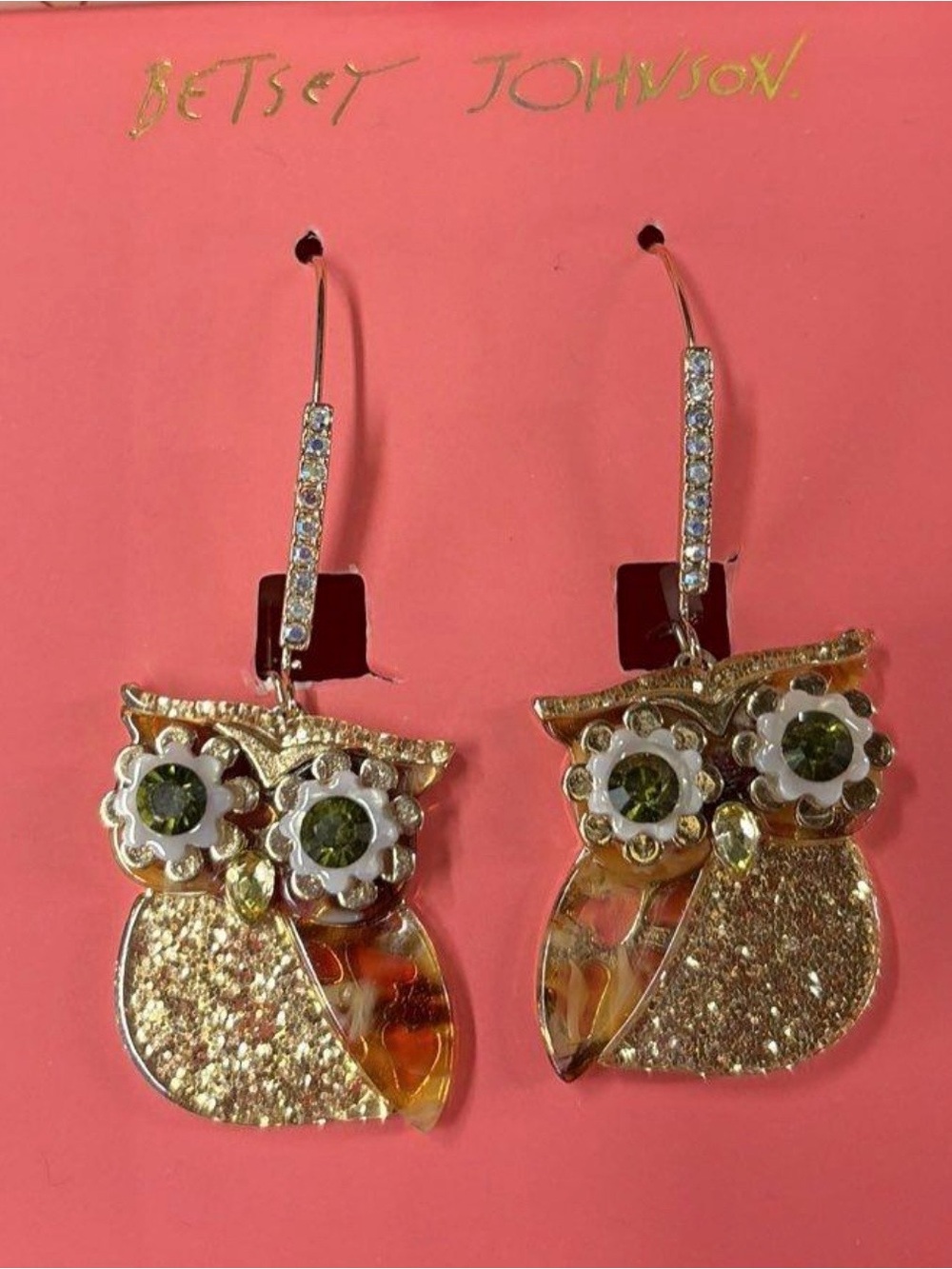 Betsey Johnson Crystal Owl Shepherd Hook Earrings